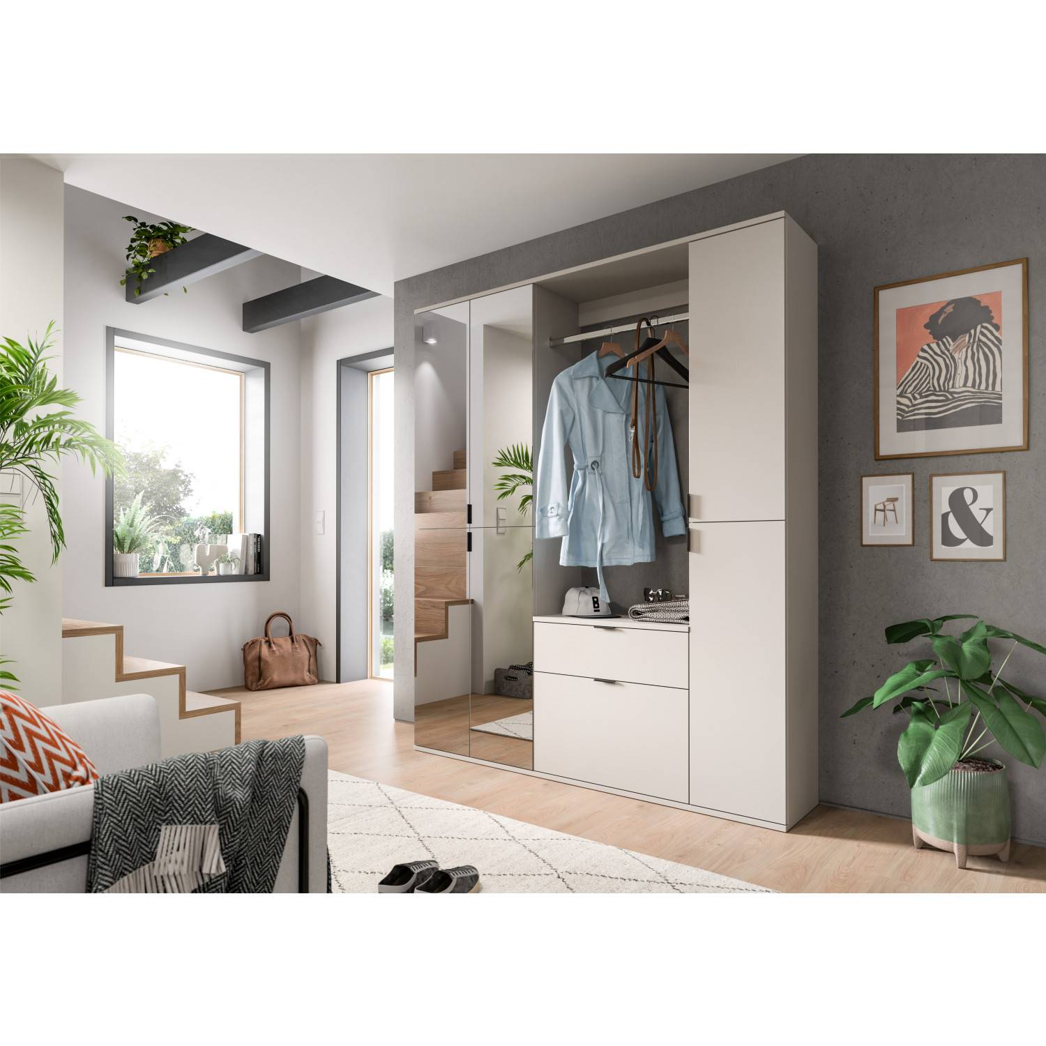 Moderne Kompaktgarderobe 3er Set mit Spiegel und Kleiderstange im Eingangsbereich – Meho