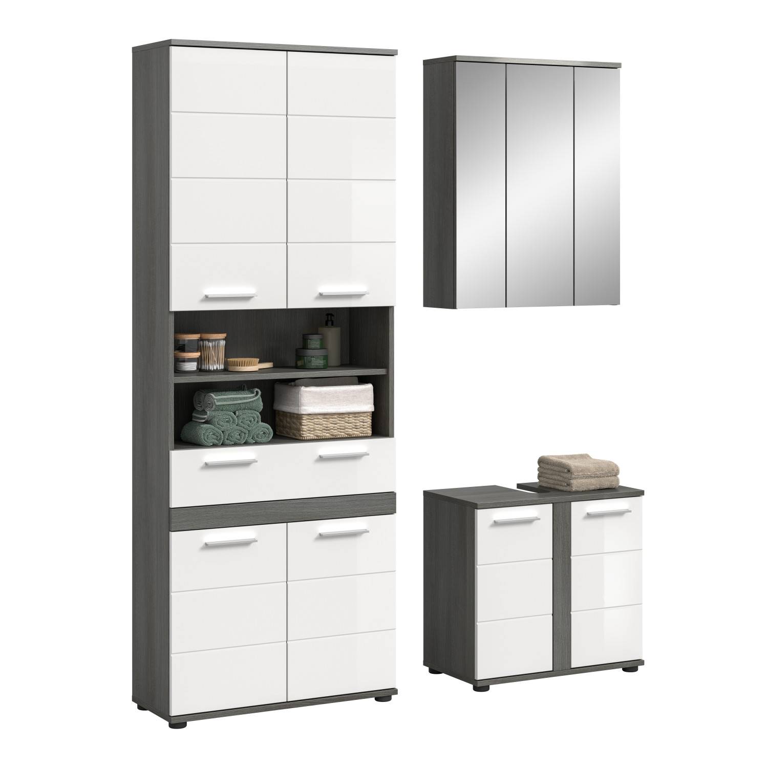 Modernes dreiteiliges Badmöbel Set mit Hochschrank, Spiegelschrank und Unterschrank in Weiß Hochglanz – Chapan