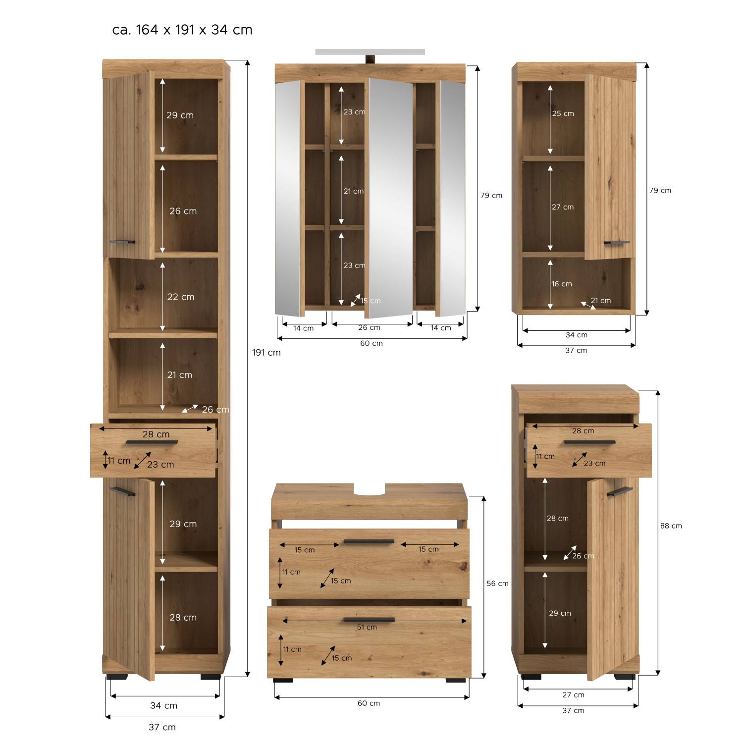 Badezimmerset Lasewood V Maße und Abmessungen der Badmöbel wie Hochschrank, Spiegelschrank, Waschtischunterschrank und Unterschrank – Lasewood