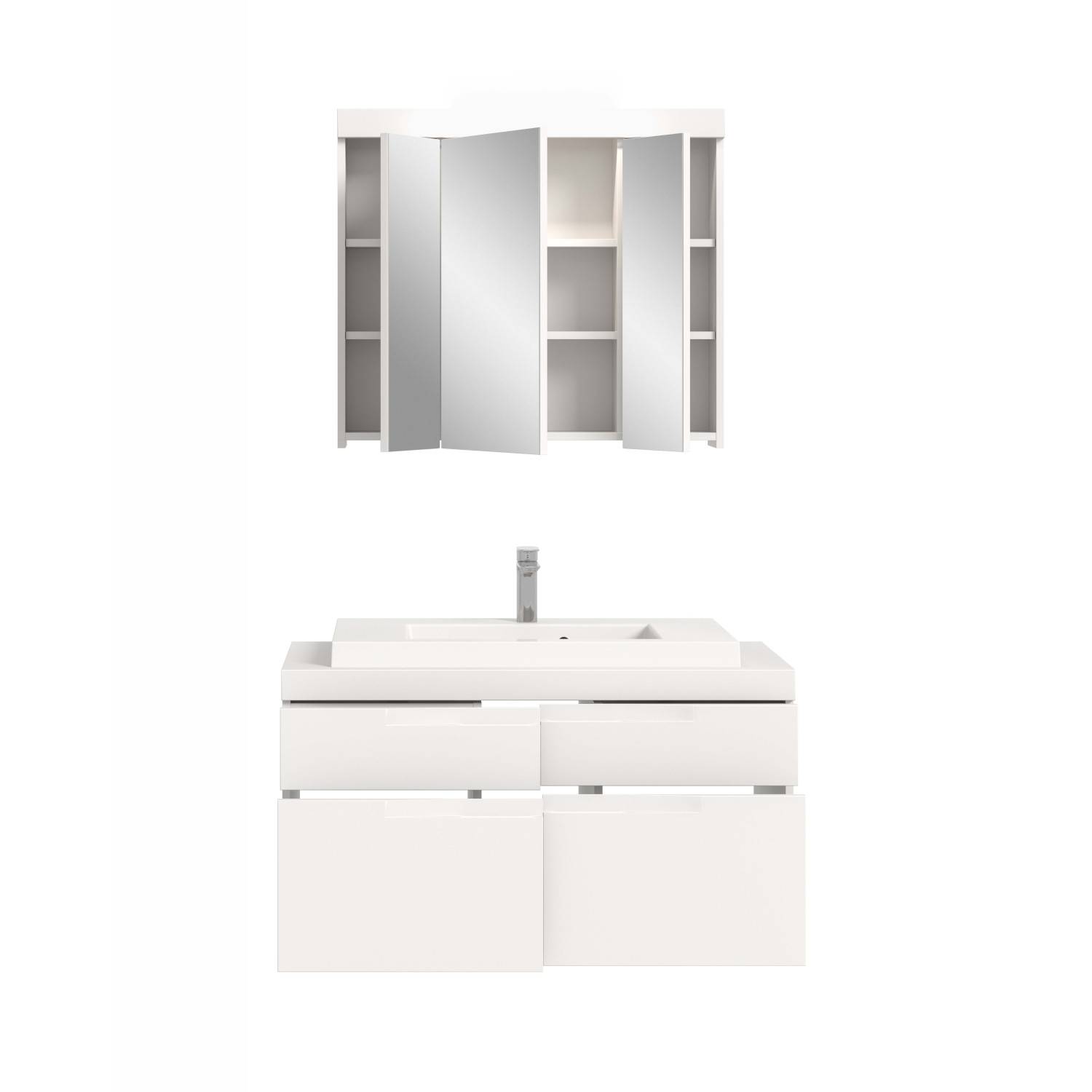 Modernes weißes Waschplatz Set mit Waschtisch, integriertem Waschbecken und Spiegelschrank – Bruna