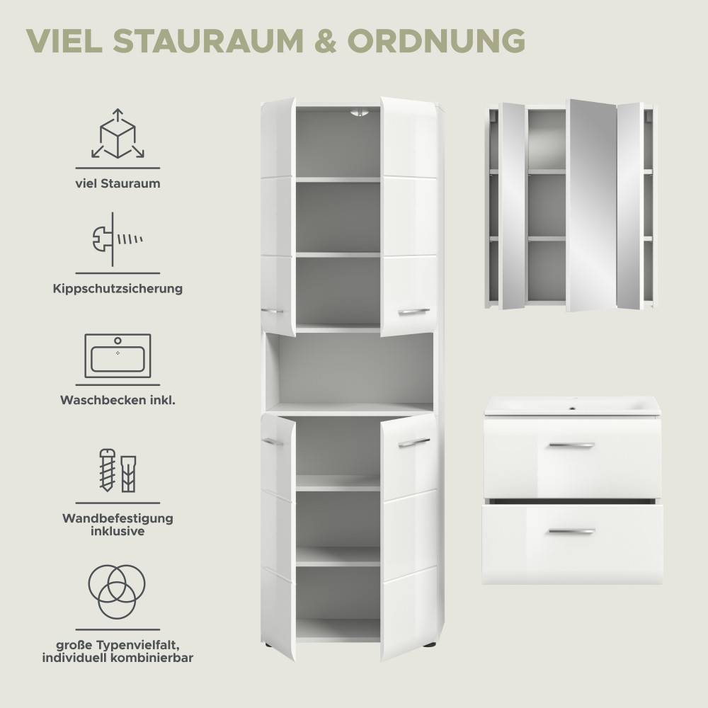 Praktisches dreiteiliges Badmöbel Set mit viel Stauraum, Kippschutz und inklusivem Waschbecken – Clona