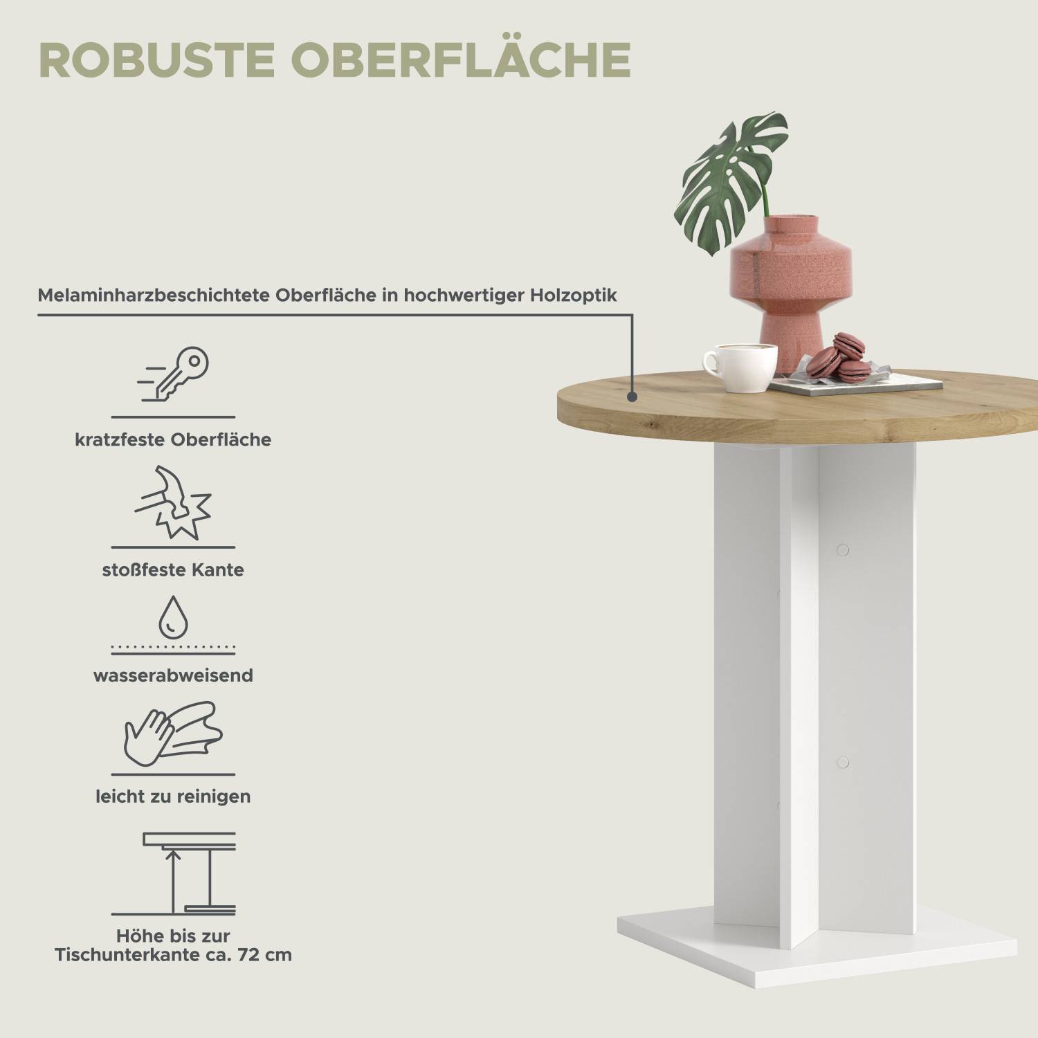 Robuste, kratzfeste und wasserabweisende Oberfläche des Bistrotisches, leicht zu reinigen – Korres