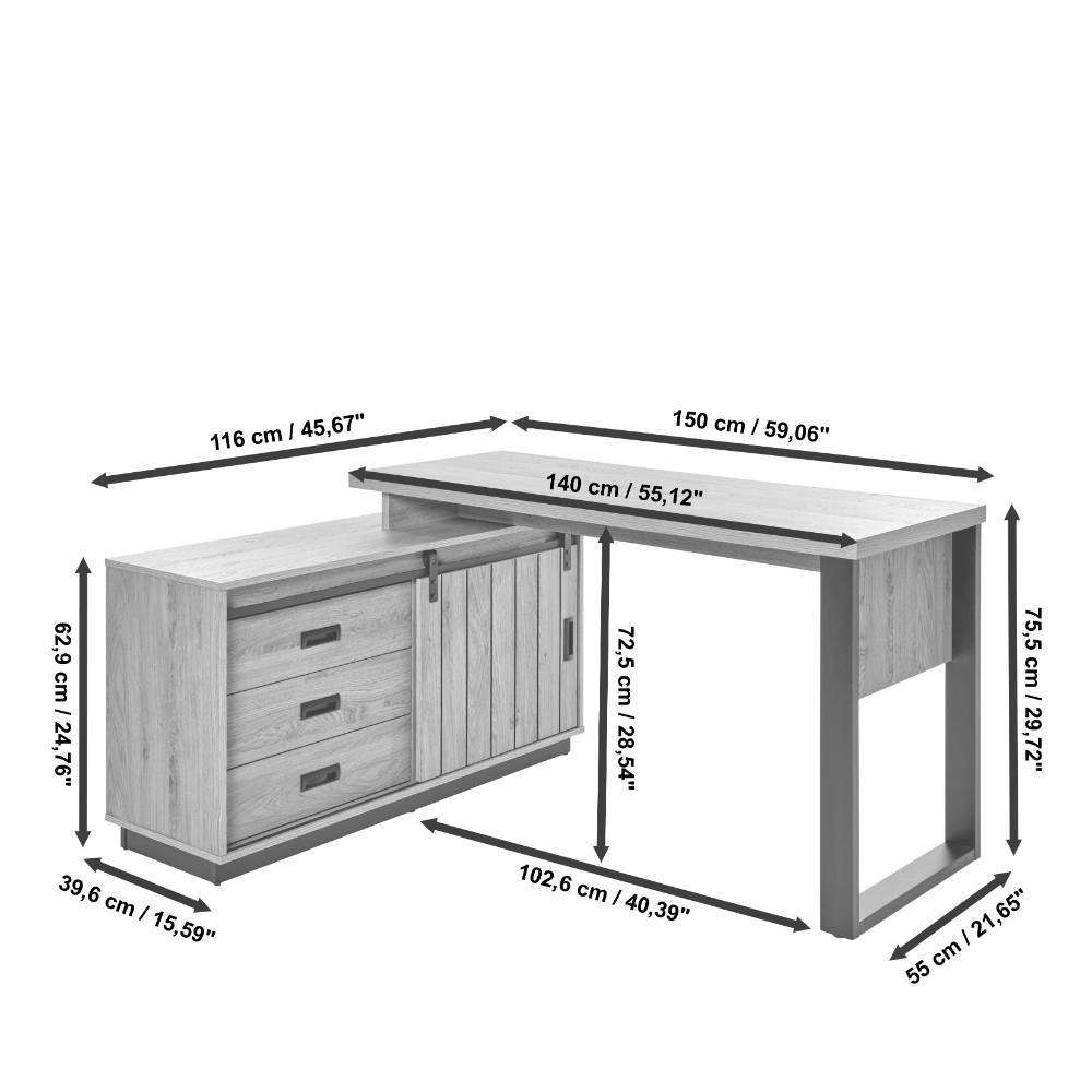 Modern Country Schreibtisch mit Seitenregal - Jarley