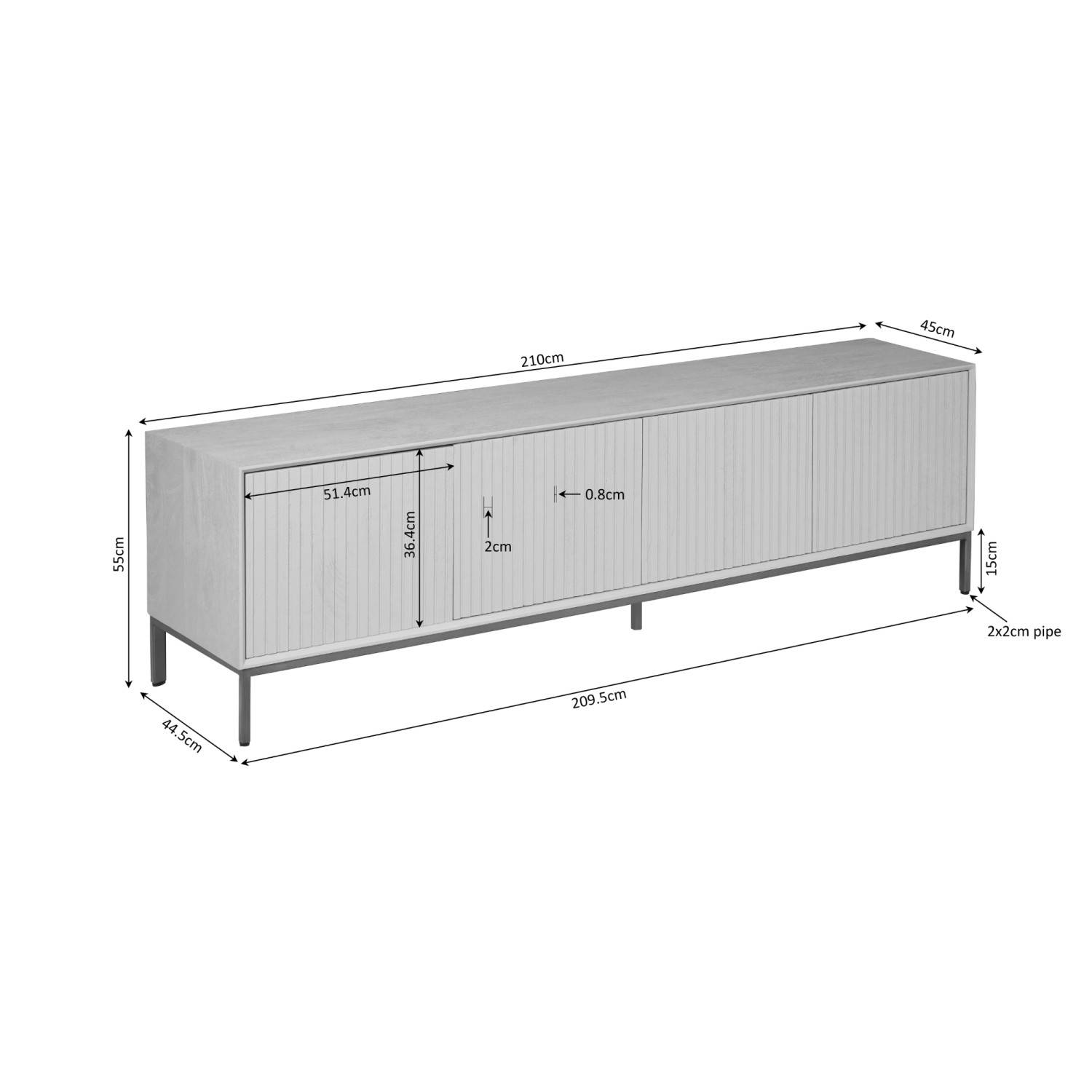 Abmessungen des TV Lowboards Kojas, Bemaßung von Länge 210cm, Höhe 55cm und Tiefe 45cm – Kojas