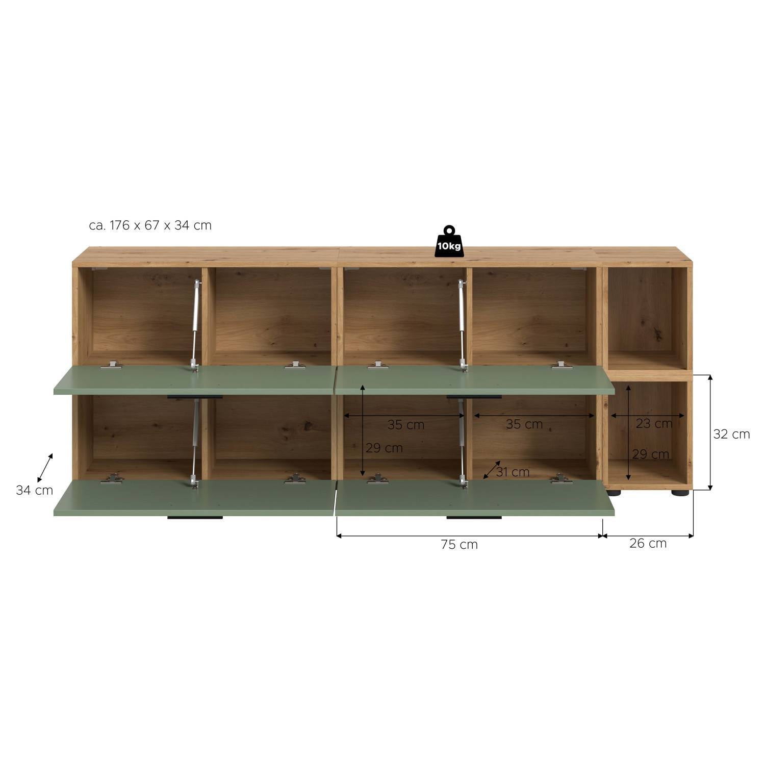 Wohnzimmerschrank mit geöffneten grünen Klappen, detaillierte Maße und Abmessungen – Jonni