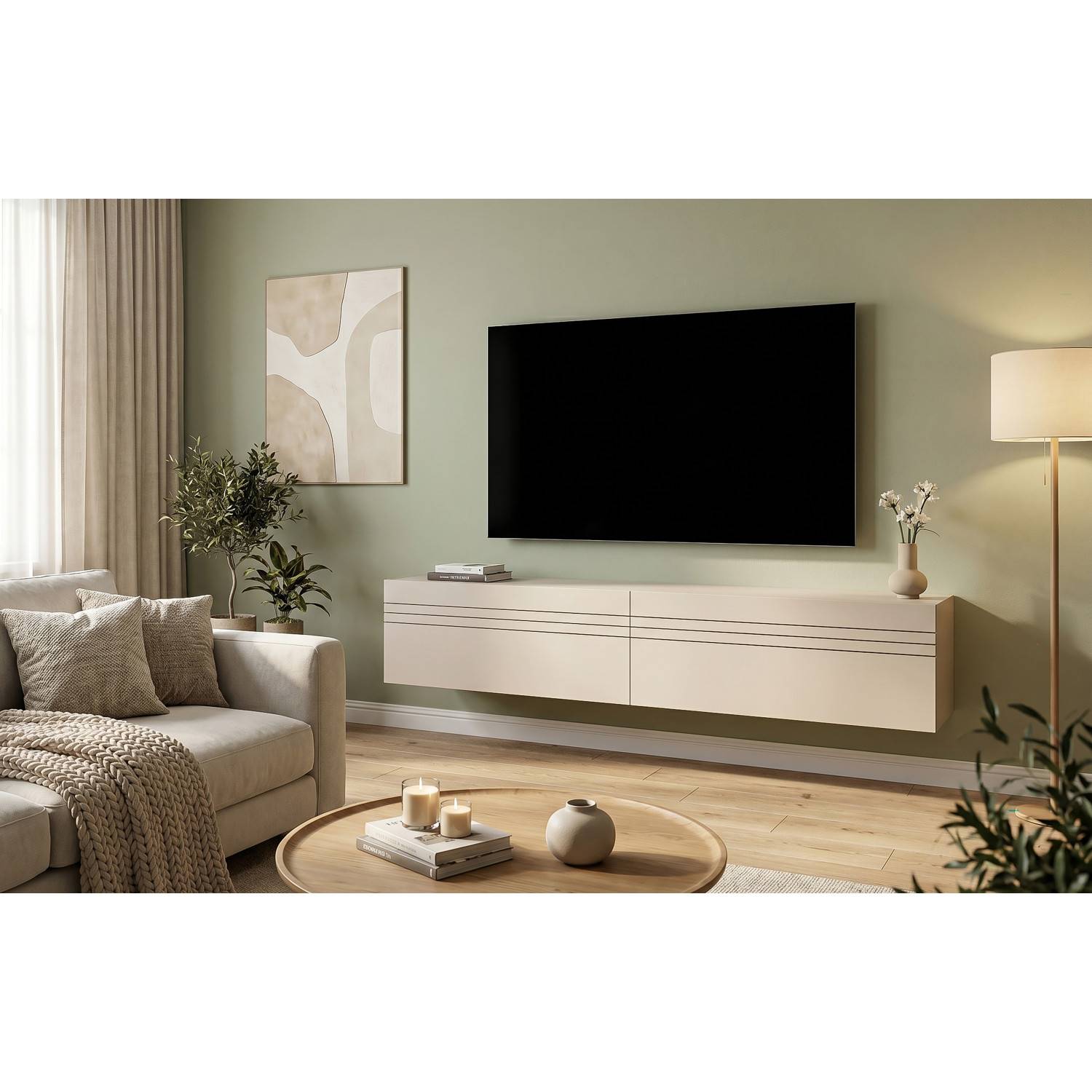 Graubeige matte TV-Wohnwand hängend im Wohnzimmer mit geschlossenen Klappen – Draguno