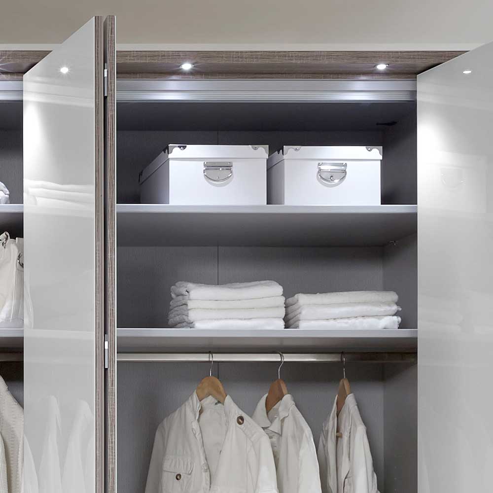 Kleiderschrank mit Passepartout & LED Licht in Weiß & Eiche Dekor -  Empresian
