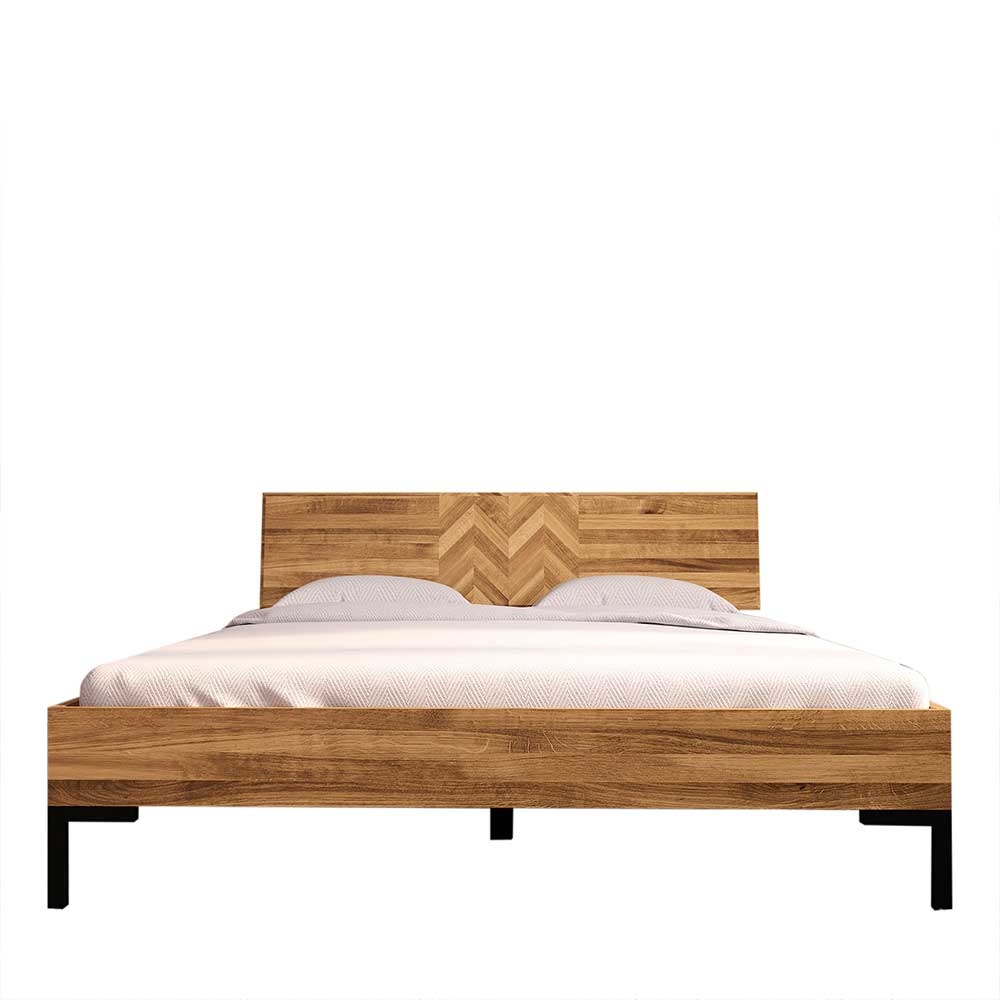Wildeiche Bett mit Fischgrät Design Kopfteil - Kerfa