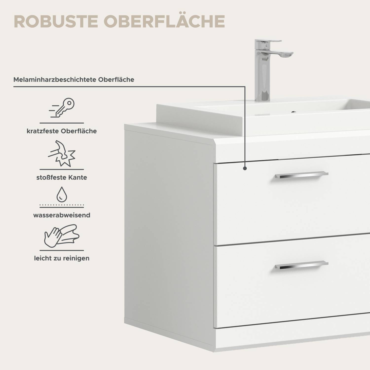 Robuste, kratzfeste und wasserabweisende Oberfläche des weißen Badmöbel Sets – Nanila