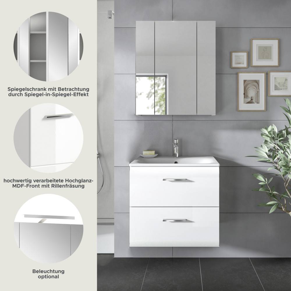 Designmerkmale des Badmöbel Sets mit Spiegel-in-Spiegel-Effekt und Hochglanz MDF-Front – Clona