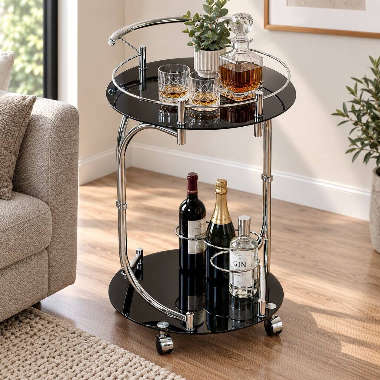 Design Servierwagen Basilico in Schwarz Chrom
