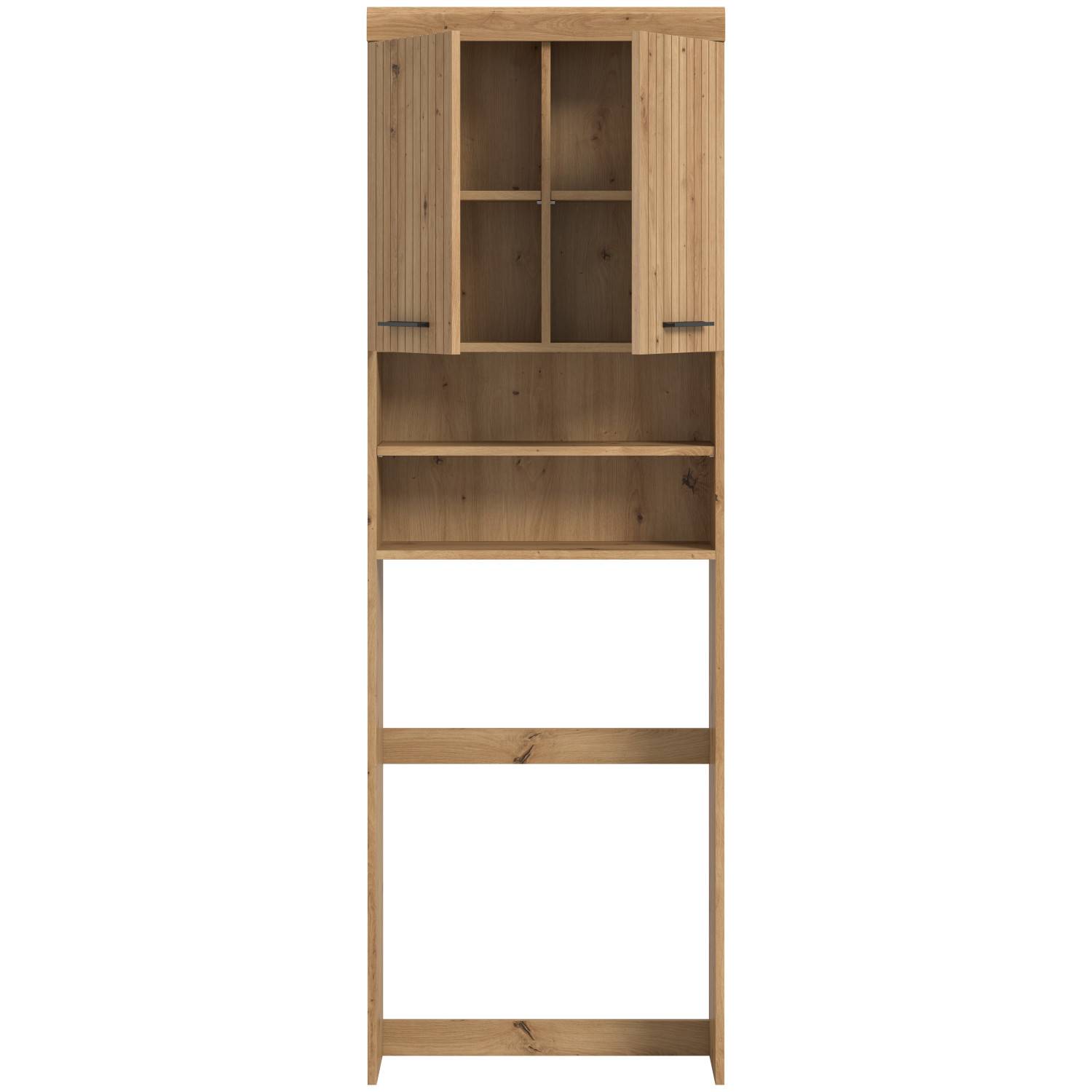 Hochschrank für Waschmaschine in Holzoptik mit Rillenfront und offenen Fächern – Lasewood