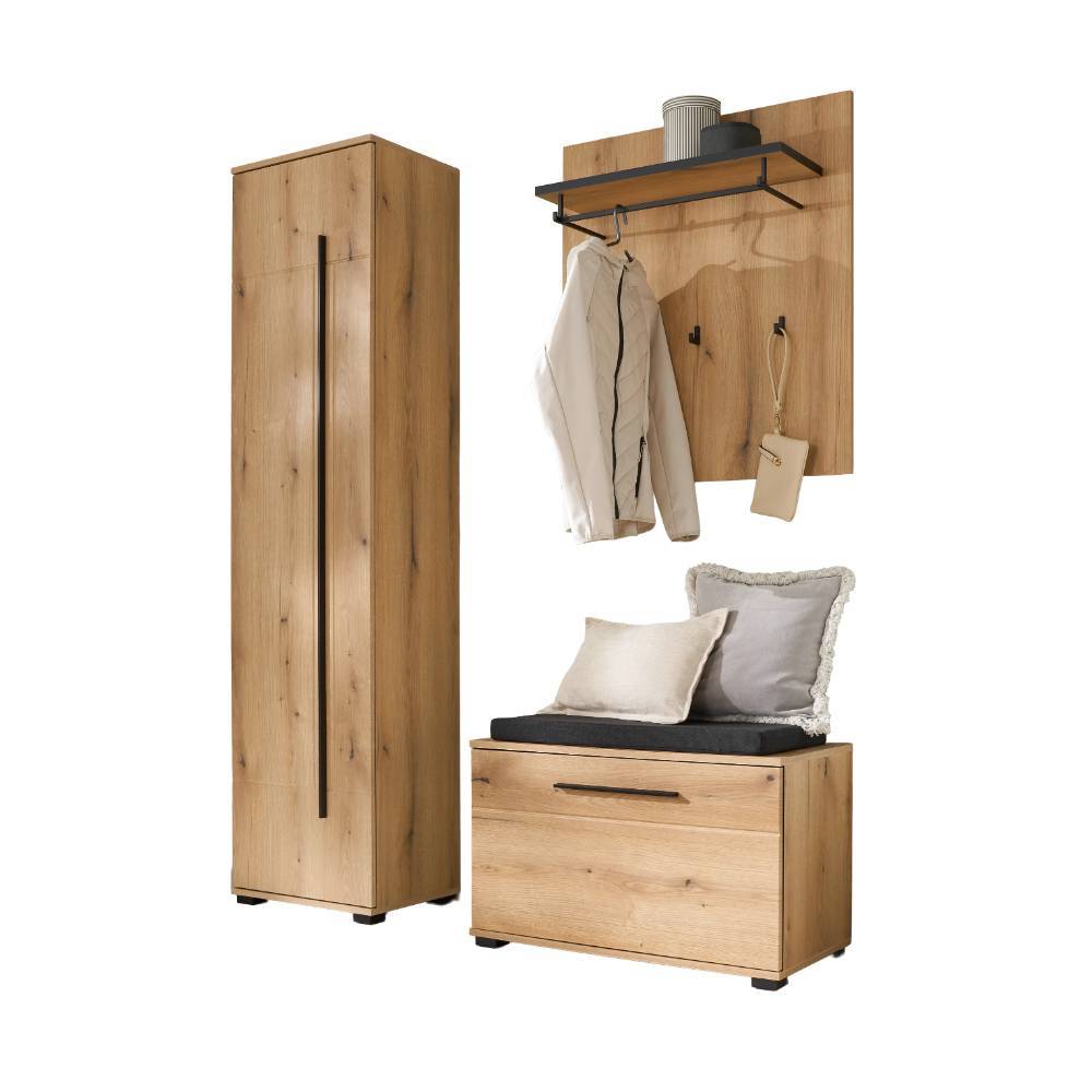 Dreiteiliges Dieleneinrichtung Set in Eiche Optik mit Schrank, Garderobe und Sitzbank – Moviess