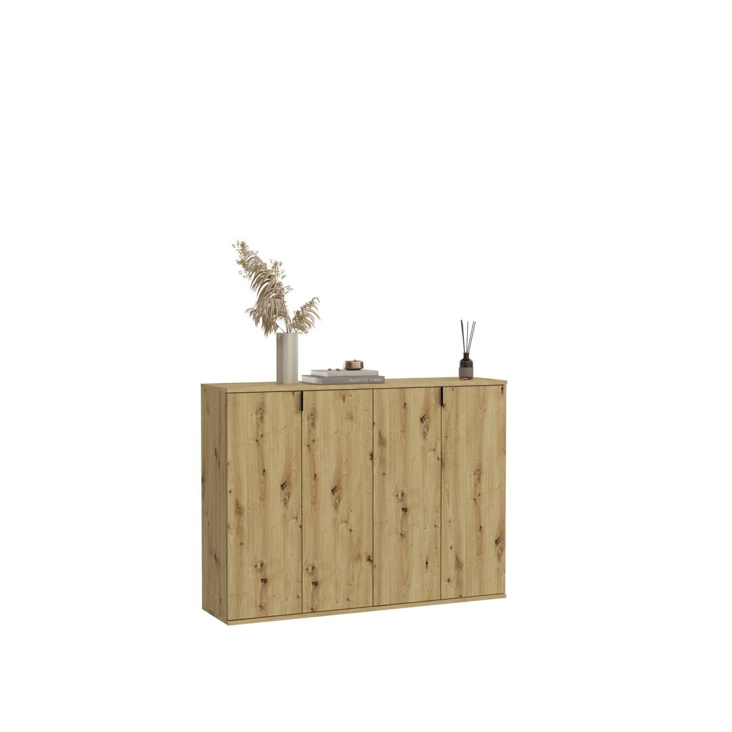 Breiter Schuhschrank oder Sideboard mit vier Türen und schwarzen Griffen in Holz – Pretty