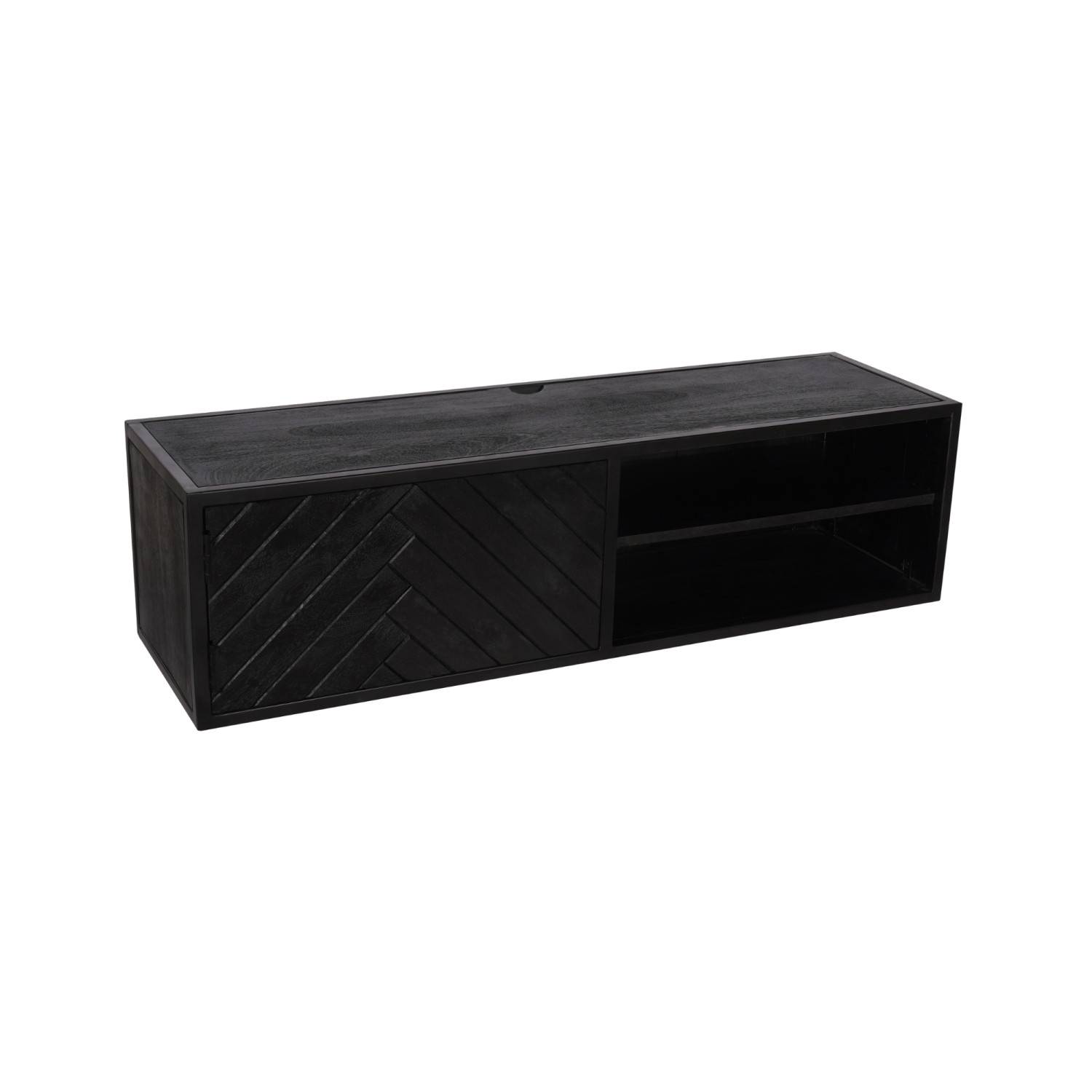 Schwarzes TV Lowboard aus Mangoholz mit Fischgrätmuster und zwei offenen Regalfächern – Lida