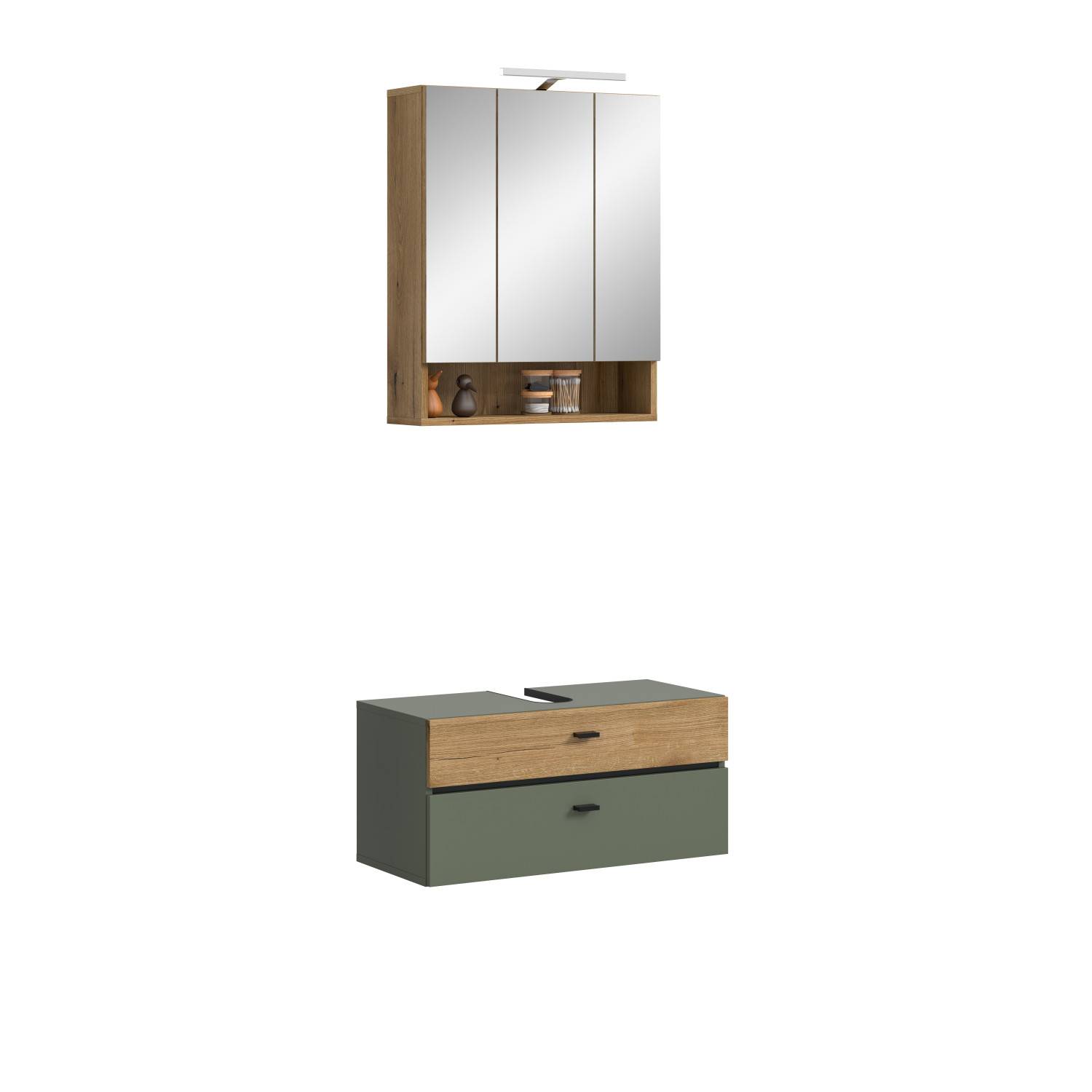 Waschplatz Set zweiteilig mit Spiegelschrank, Licht und Waschtischunterschrank in Eiche und Grün – Jubby