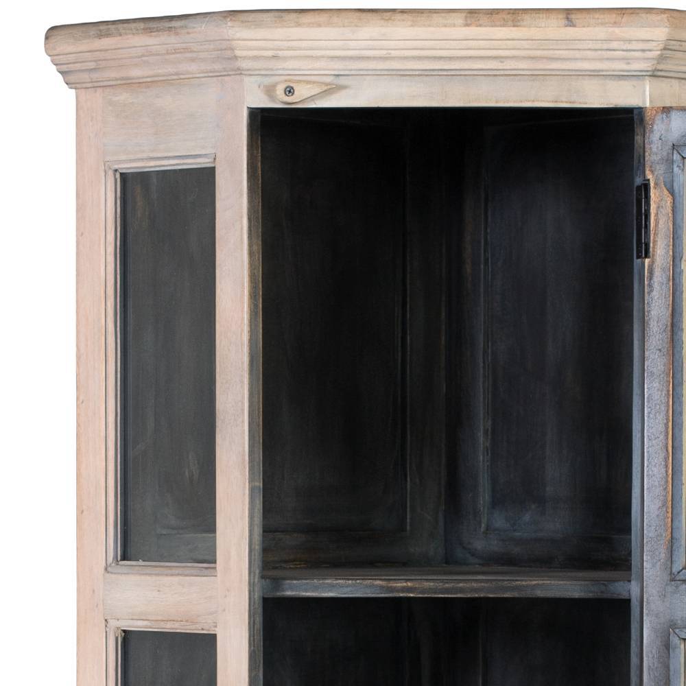Obere Ansicht der geöffneten Eckvitrine mit drei Ablagefächern aus massivem Mangoholz – Felictas