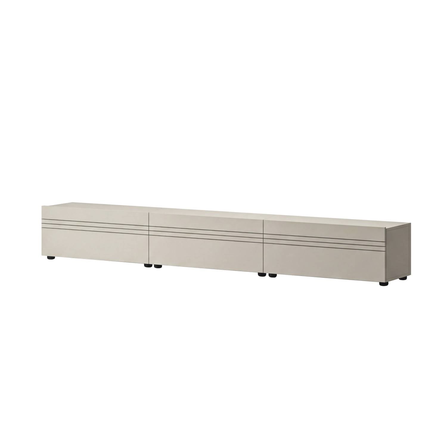Dreiteiliges Flachstrecke Wohnzimmer Lowboard in Hellbeige mit eleganter Rillenoptik und schwarzen Füßen – Draguno
