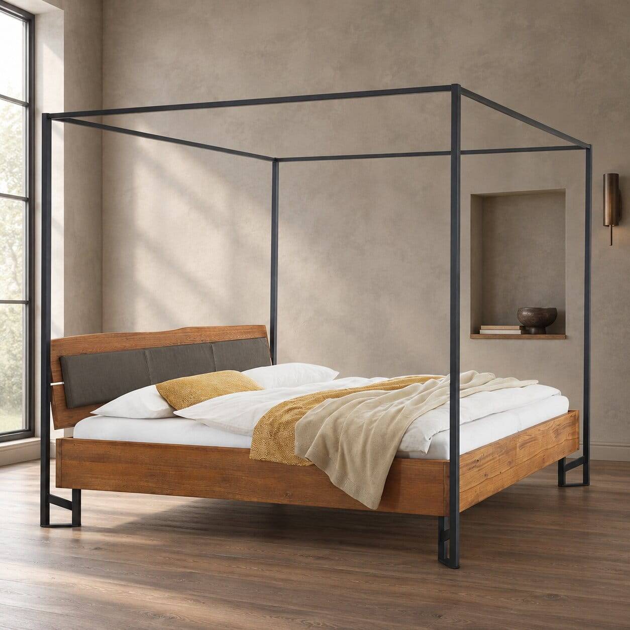 Baumkante Wildeiche Bett mit Metall Himmel Gestell - Agadi