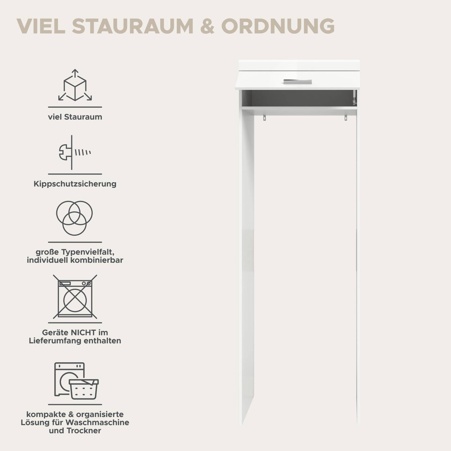 Weißer Bad Hochschrank für Waschmaschine mit Stauraum, Kippschutz und modularer Lösung – Nanila