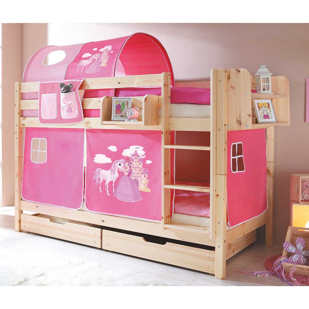 Kiefer Natur Mädchen Stockbett mit Stoff-Set in Pink - Alasdair