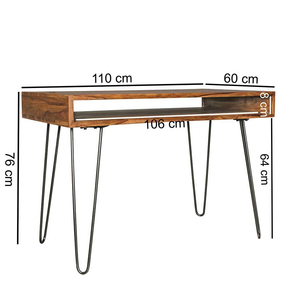 110x76x60 Retrodesign Schreibtisch aus Sheesham Holz - Seriacus