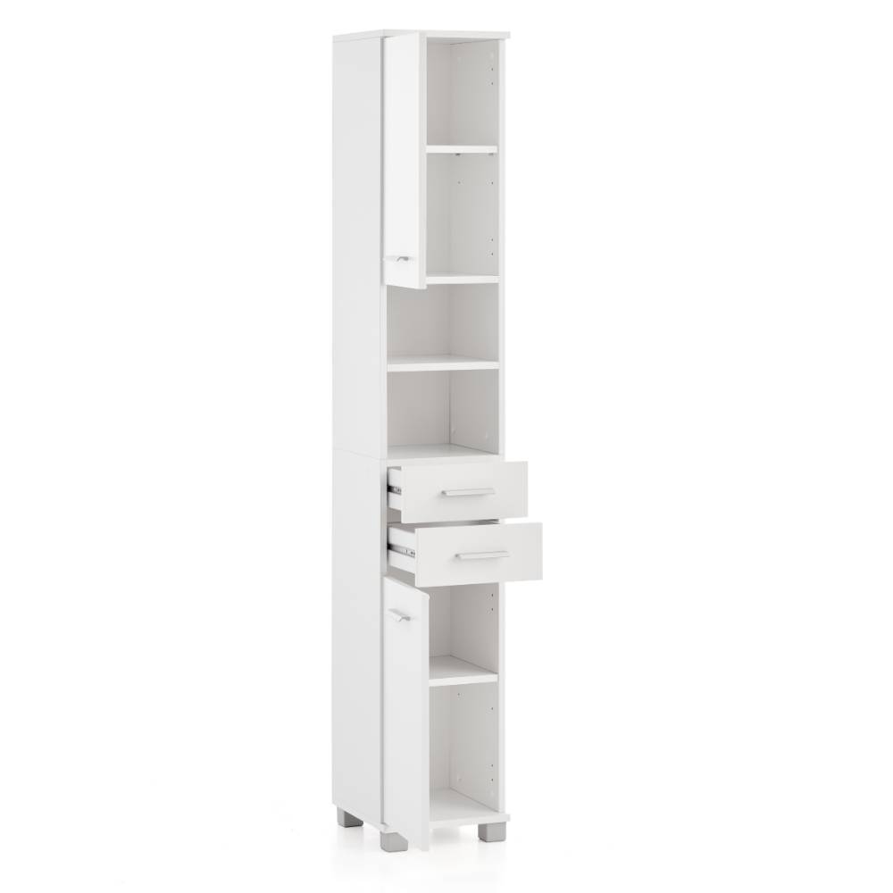 Mattweißer Badezimmer Hochschrank mit offenen Türen und Schubladen, die Stauraum und Regalböden zeigen \u2013 Hectoss