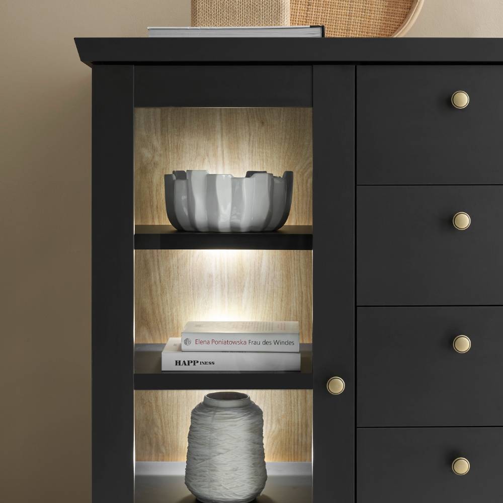 Modern Country Highboard Vitrine in Mattschwarz - Lulumo