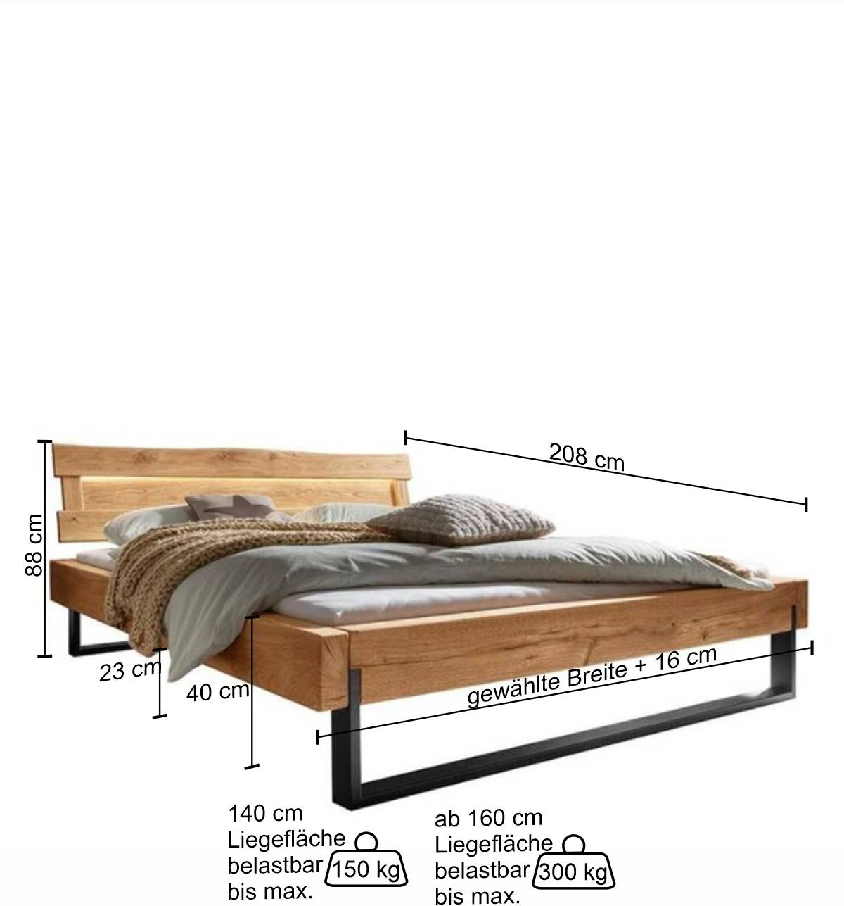 Designer Balkenbett Wildeiche mit LED - Elise