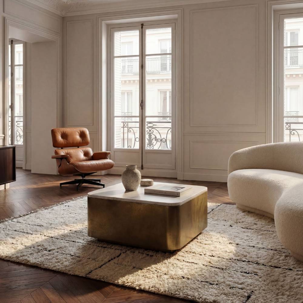 Moderner Couchtisch aus Marmor und Metall in einem eleganten Wohnambiente – Furcia