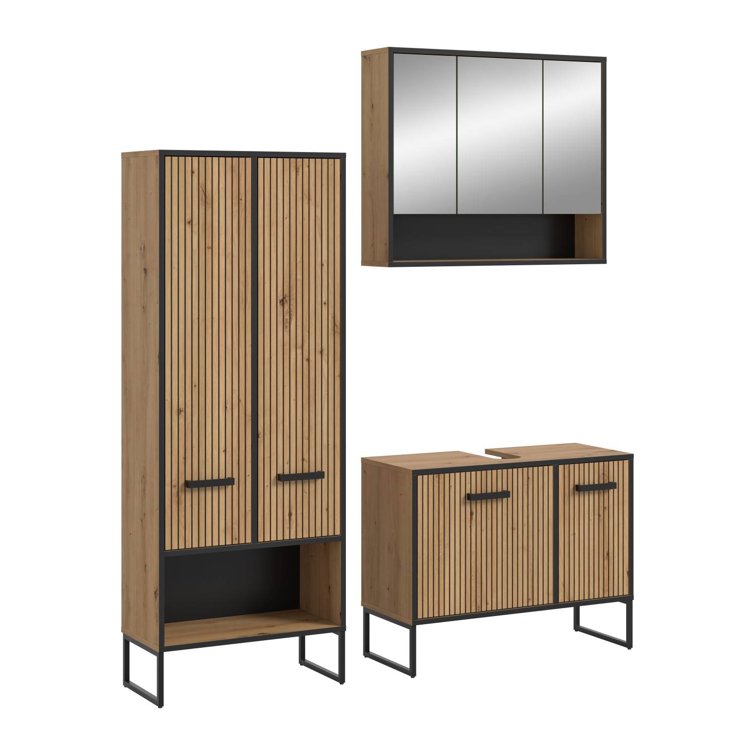 Dreiteiliges Badezimmermöbel Set in geriffelter Holzoptik mit schwarzem Metallgestell – Brutannia