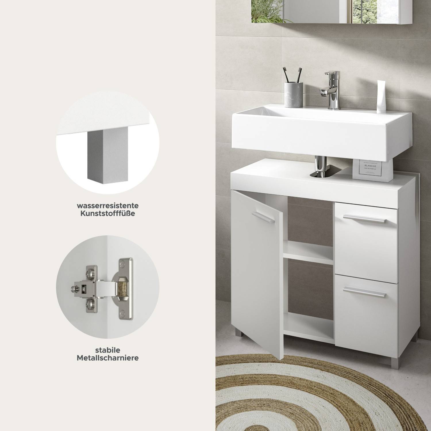 Waschtischschrank Details: wasserresistente Kunststofffüße und stabile Metallscharniere – Yamescoa