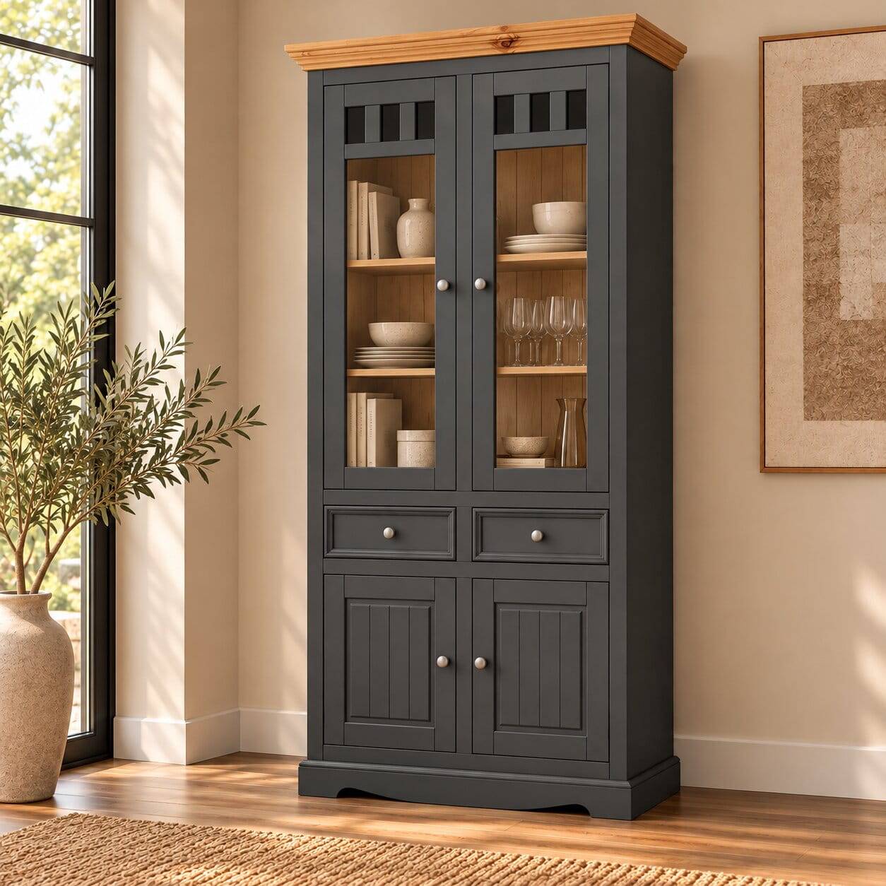 Modern Country Vitrinenschrank in Grau & Kiefer - Eromsia