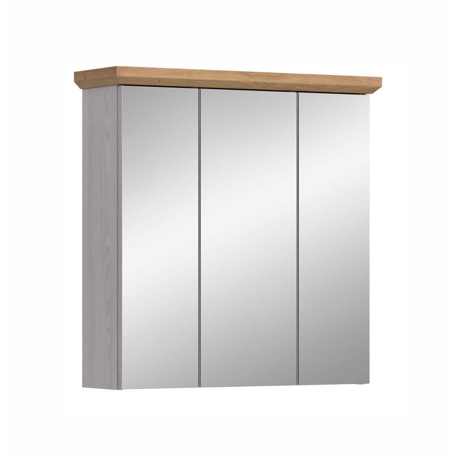 Heller Badschrank mit drei Spiegelfronten und Holzabschlussleiste für das Badezimmer – Tocella
