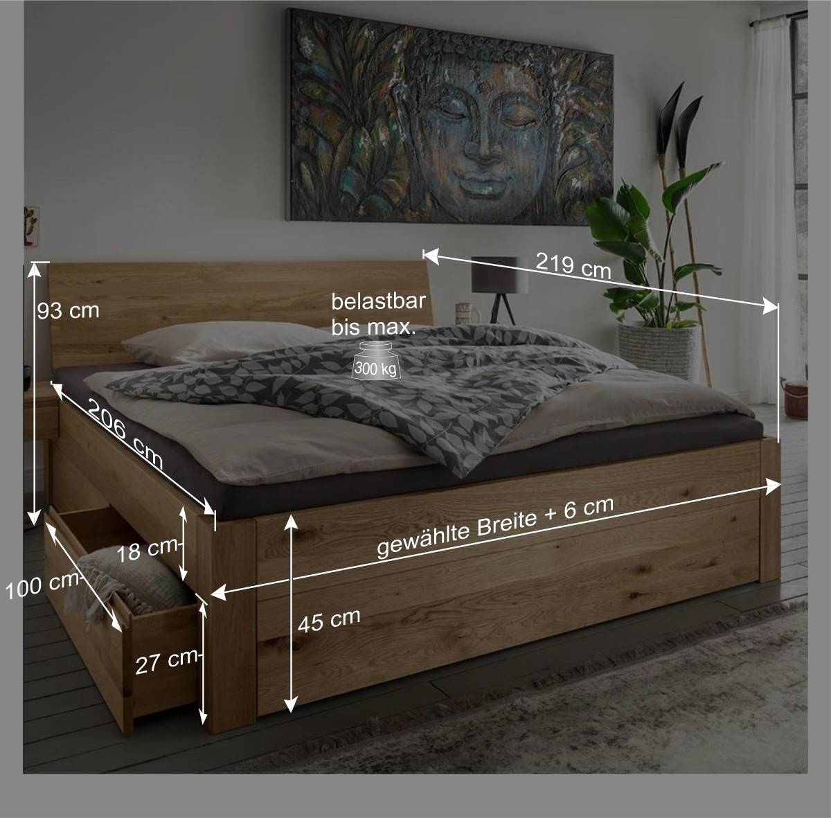 Wildeiche Bett mit vier Schubladen modern - Zennian