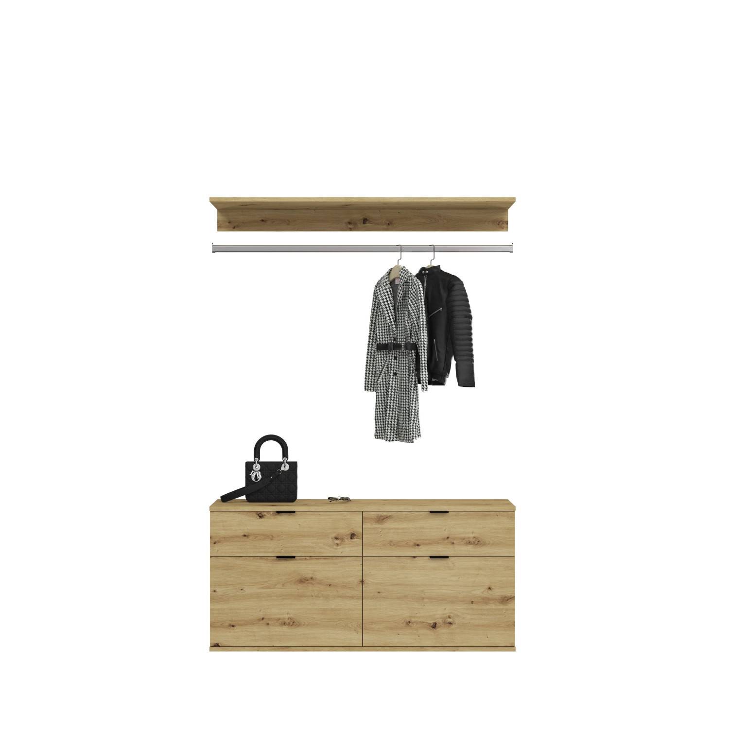 Kompakte Schuhgarderobe in Sonoma Eiche Nachbildung mit Wandregal und Kleiderstange für den kleinen Flur – Pretty