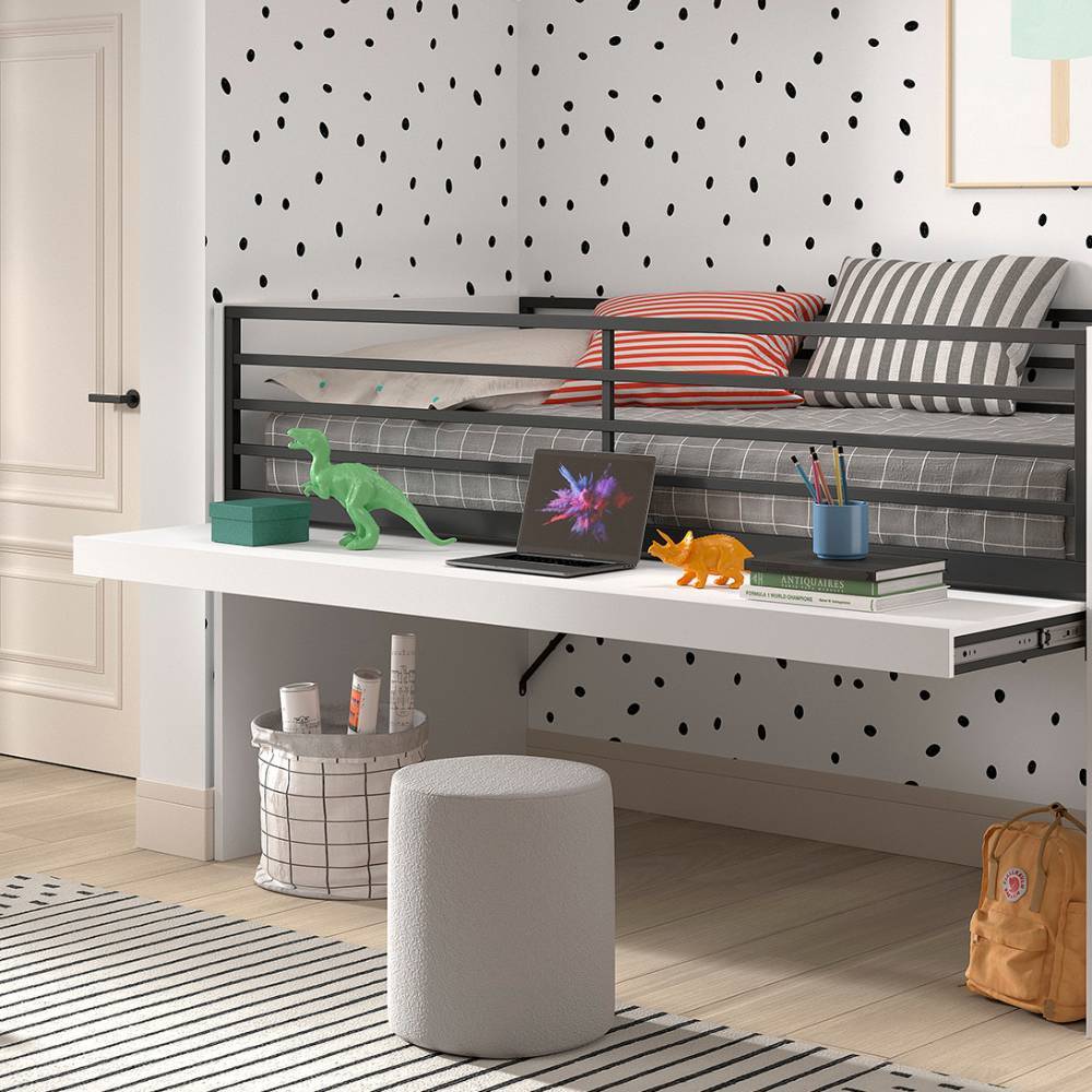 Modernes Kinderzimmer-Hochbett mit integriertem Schreibtisch und schwarzem Metallgeländer – Brasovia