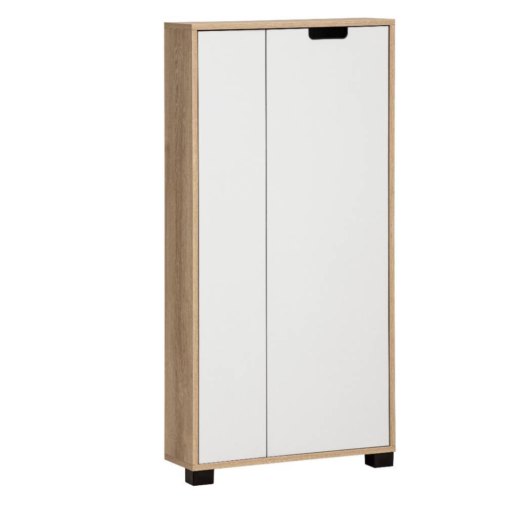 Schlankes Highboard für den Eingangsbereich in Mattweiß und heller Weißeiche Optik – Rasita