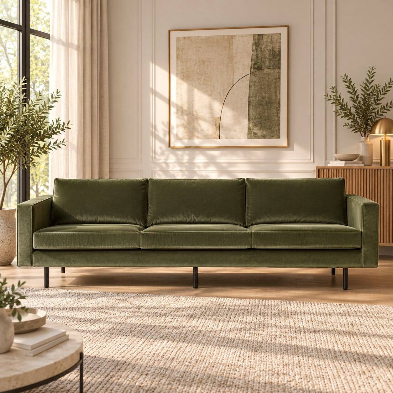 Dunkelgrünes 3-Sitzer Retrosofa mit Velvet Bezug für das Wohnzimmer – Lasirena