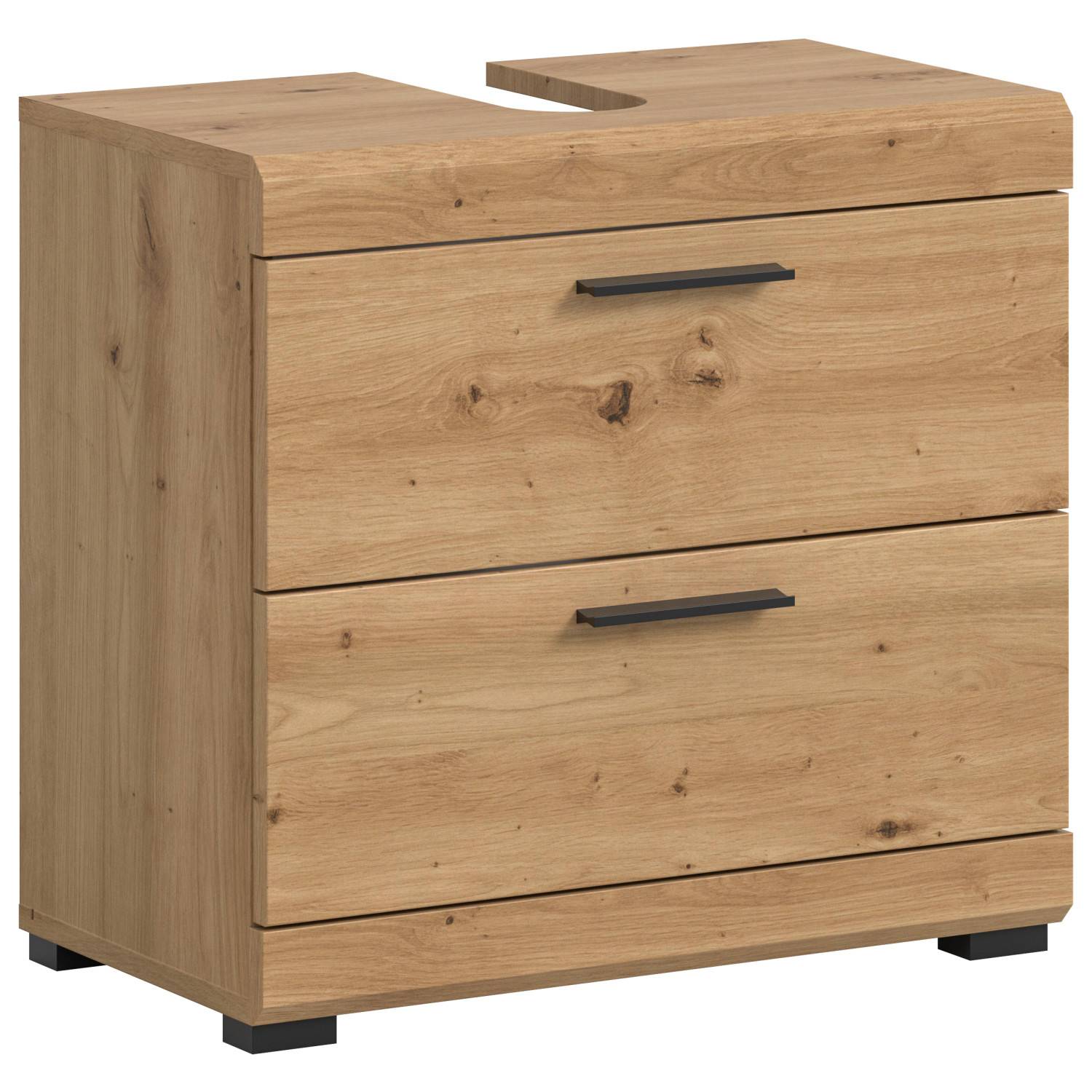 Geradliniger Waschtischunterschrank in Artisan Optik mit zwei Schubladen und Waschtischausschnitt – Lasewood