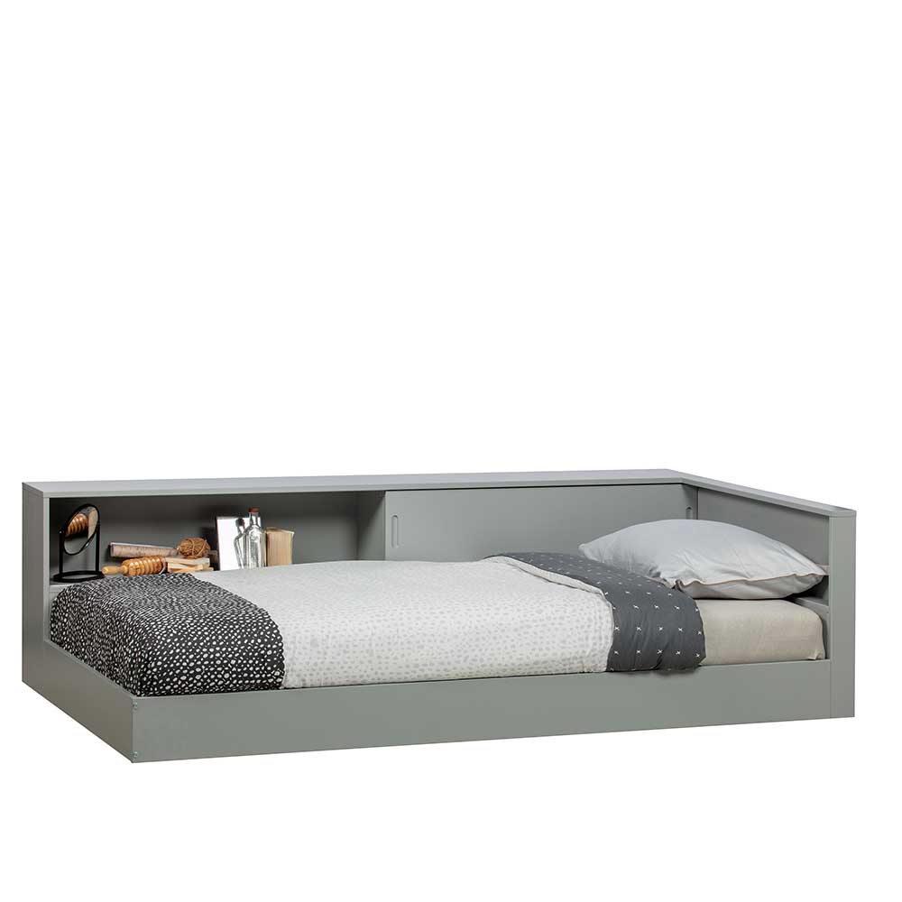 Skandi Bett mit Seitenregal in Grau - Aglio