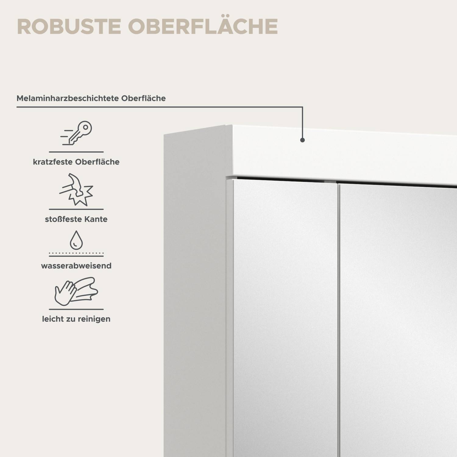 Kratzfeste, stoßfeste und wasserabweisende Melaminharzbeschichtete Oberfläche des Badschranks – Bruna