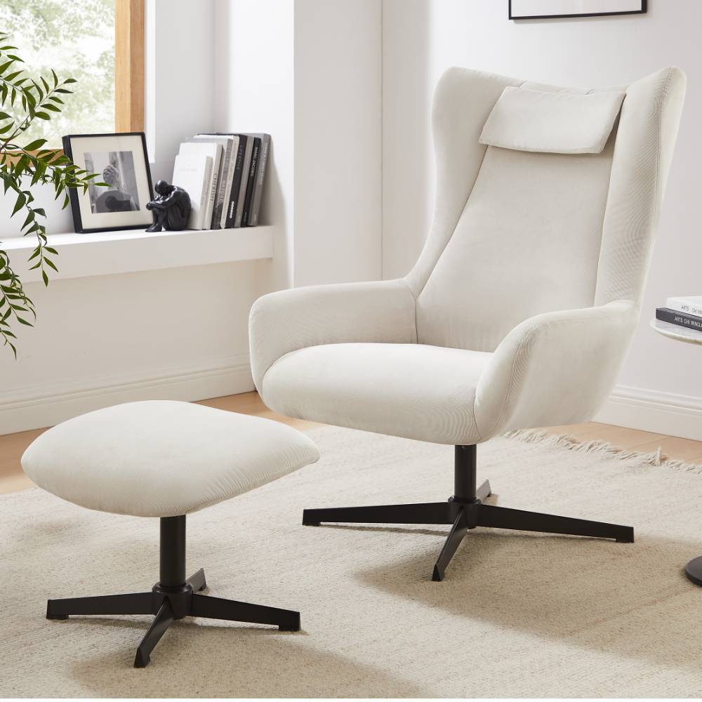 Sessel mit Fußhocker in Beige - Varina (zweiteilig)