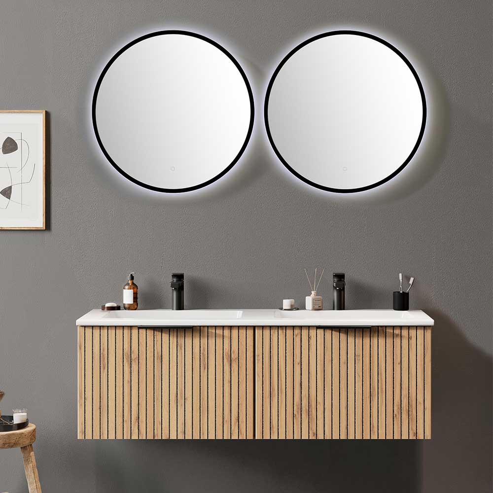 2er Waschtisch & Lichtspiegel rund - Crystoga (dreiteilig)