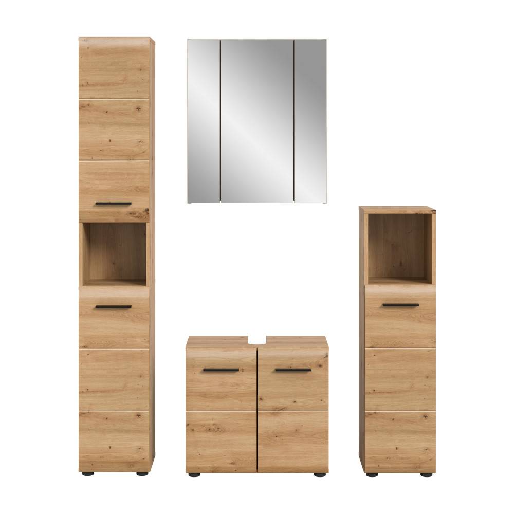Komplettes Waschplatz Set Eichen-Nachbildung mit Hochschrank, Spiegelschrank und Unterschrank – Canopus