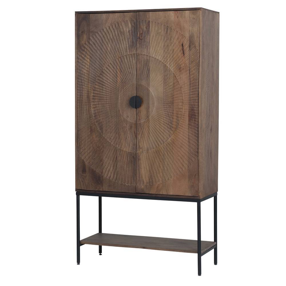 Stilvolles Design-Highboard aus walnussfarbenem Mangoholz mit auffälliger Front und Metallgestell – Epos