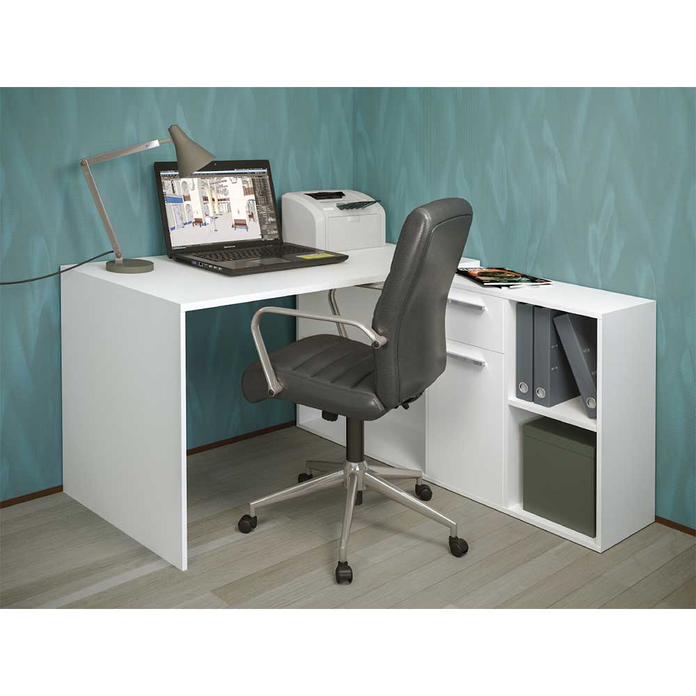 Moderner Schreibtisch mit Seitenregal in Weiß - Brodivana