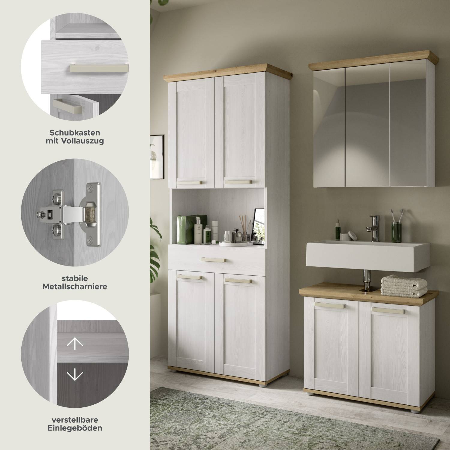Funktionale Details des Badmöbel Sets mit Vollauszug, Metallscharnieren und verstellbaren Böden – Tocella