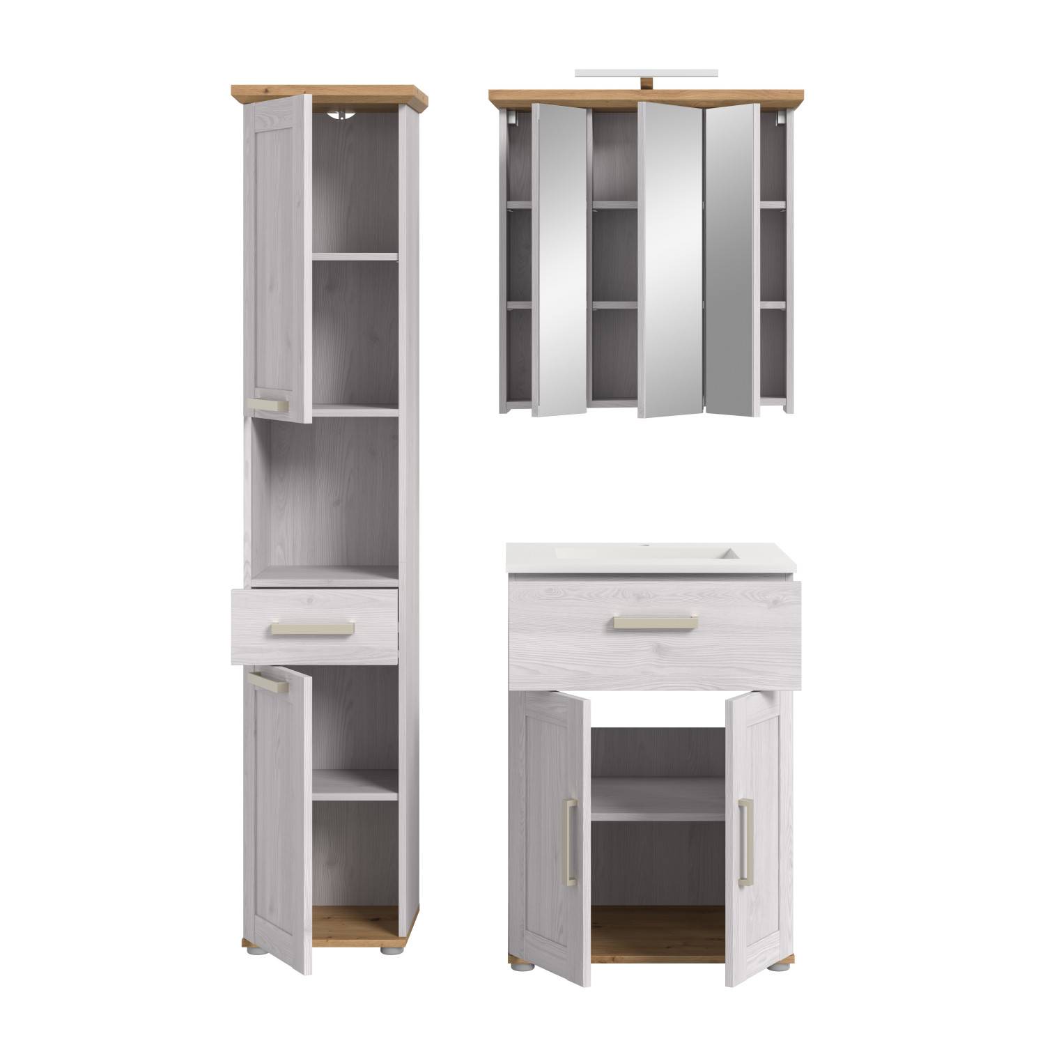 Dreiteiliges Badezimmermöbelset mit Hochschrank, Spiegelschrank und Waschbeckenunterschrank, alle Türen offen – Tocella