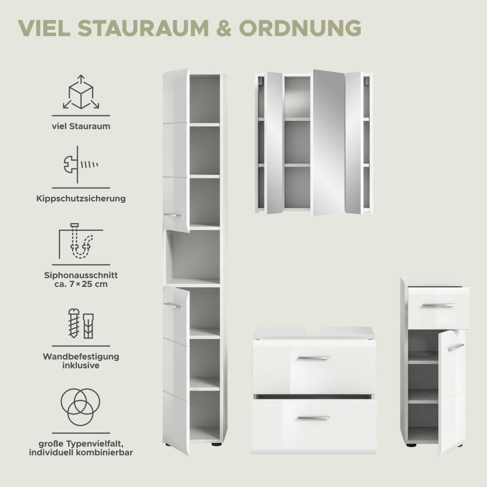 Badmöbel Set vierteilig mit viel Stauraum Kippschutz und Wandbefestigung – Clona